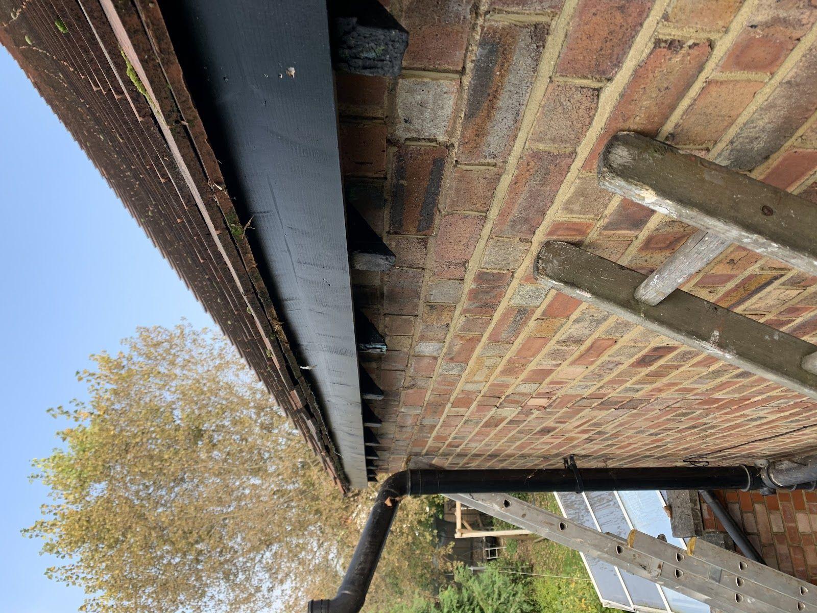 Gutter run and downpipe, from the ladder