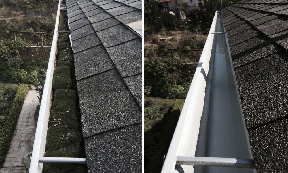 Moss-filled gutter, before and after