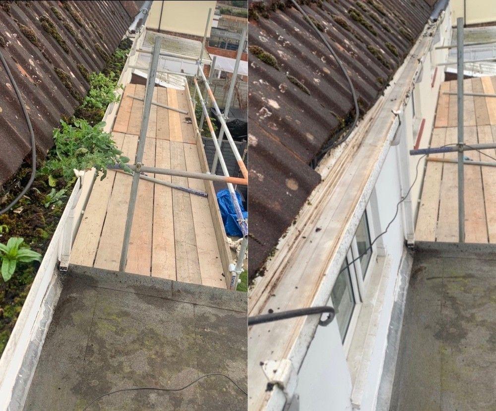 Valley gutter, before and after clearing